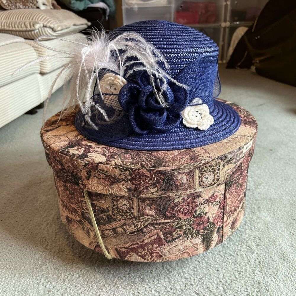 Betmar New York Vintage Navy Blue Straw Hat Floral Feather Fascinator Dress Hat